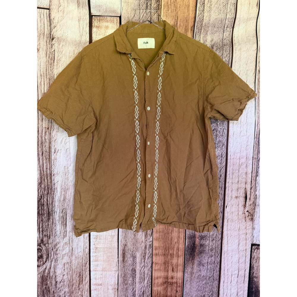 Folk Button Up Shirt Brown Linen Cotton Minimalist Resort Summer Size Large